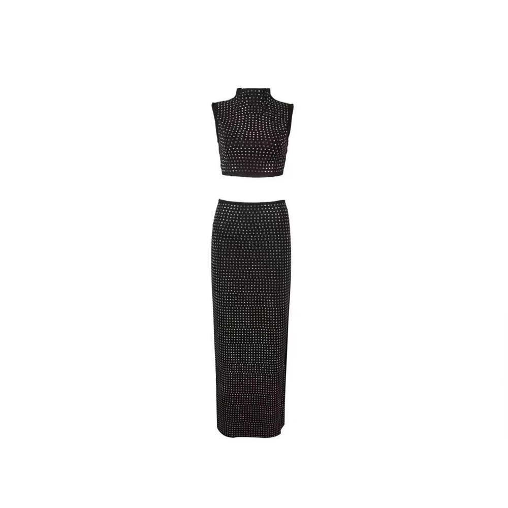 Sexy Fashion Black Beading 2 Two Pieces Zipper Long Maxi Dress High Split Celebrity Party Vestidos Suede Fabric Dresses