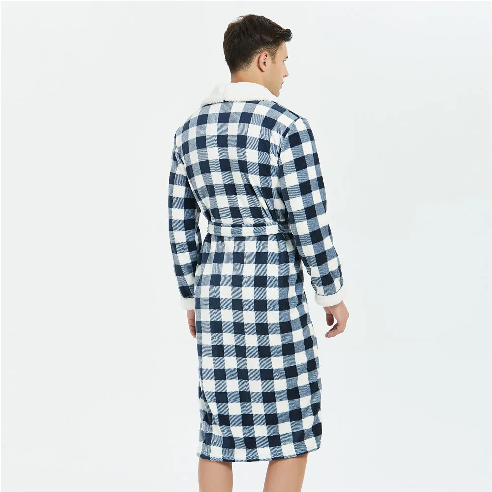 Novelty Plaid Men Flannel Sleepwear Comfortable Keep Warm Homewear Bathrobe Gown Winter Casual Soft Nightwear Intimate Lingerie