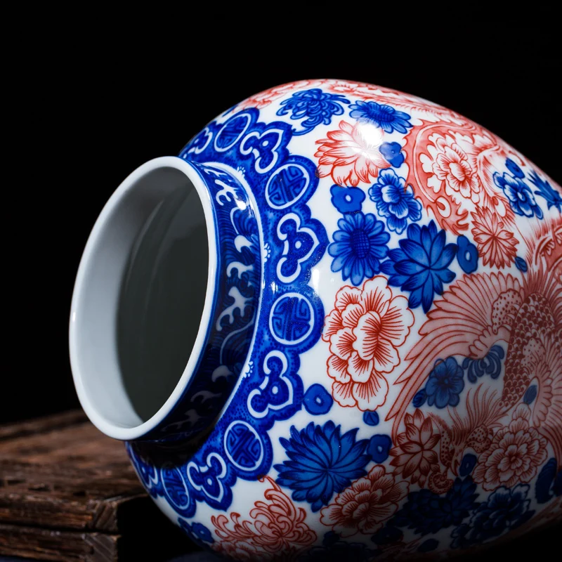 Фарфор Античный Jingdezhen банка синяя и белая глазурь Красный общий Танк династии Цин Цяньлун синяя и белая глазурь Красный Феникс