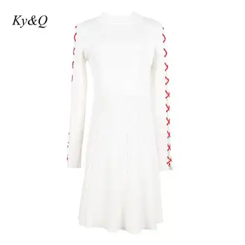 

Brand Designer 2019 Winter Pullover Long-sleeved Hollow Lacing Sleeves O-neck Slim Knit Dress Female Sexy White Black Mini Dress