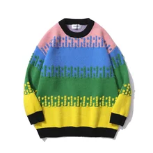 

Autumn Winter Men's Sweaters Knitted Colorblock Rainbow Stripes Pullover Harajuku Jumpers Casual Knitwear Unisex Clothing