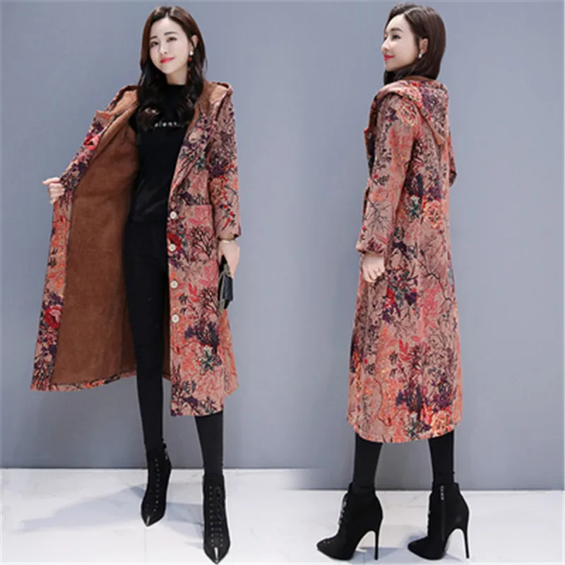 Новинка, осенне-зимняя хлопковая льняная одежда, Ретро стиль, с принтом, плюс Вельветовая хлопковая куртка, Длинная женская плюшевая куртка большого размера xa29 - Цвет: pink