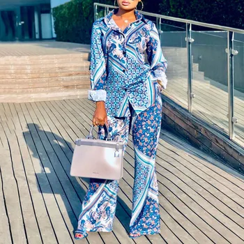 

HOT Luxury Print Fashion Office Two Piece Sets Women Outfits Blue Shirt Flare Pants Plus Size 2XL African Ladies 2 Pieces Suits