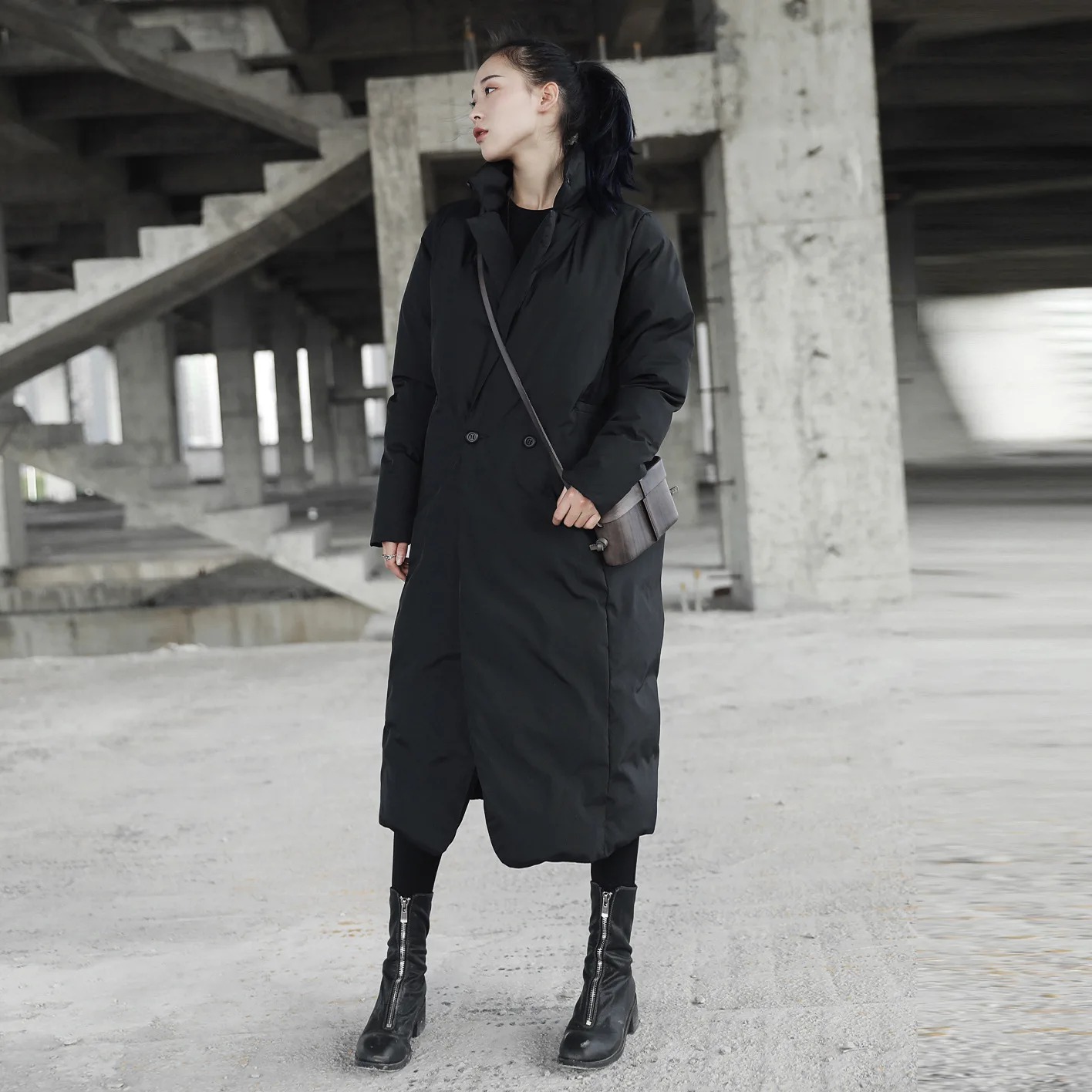 

Dark Wind Mid-length over-the-Knee Cotton Coat Loose-Fit Stand Collar Simple Cotton-padded Clothes Women's Thick Winter Coat