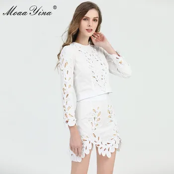 

MoaaYina Fashion Designer Suit Spring Summer Women Long sleeve Embroidery Short Tops+ Asymmetrical Skirt Two-piece set