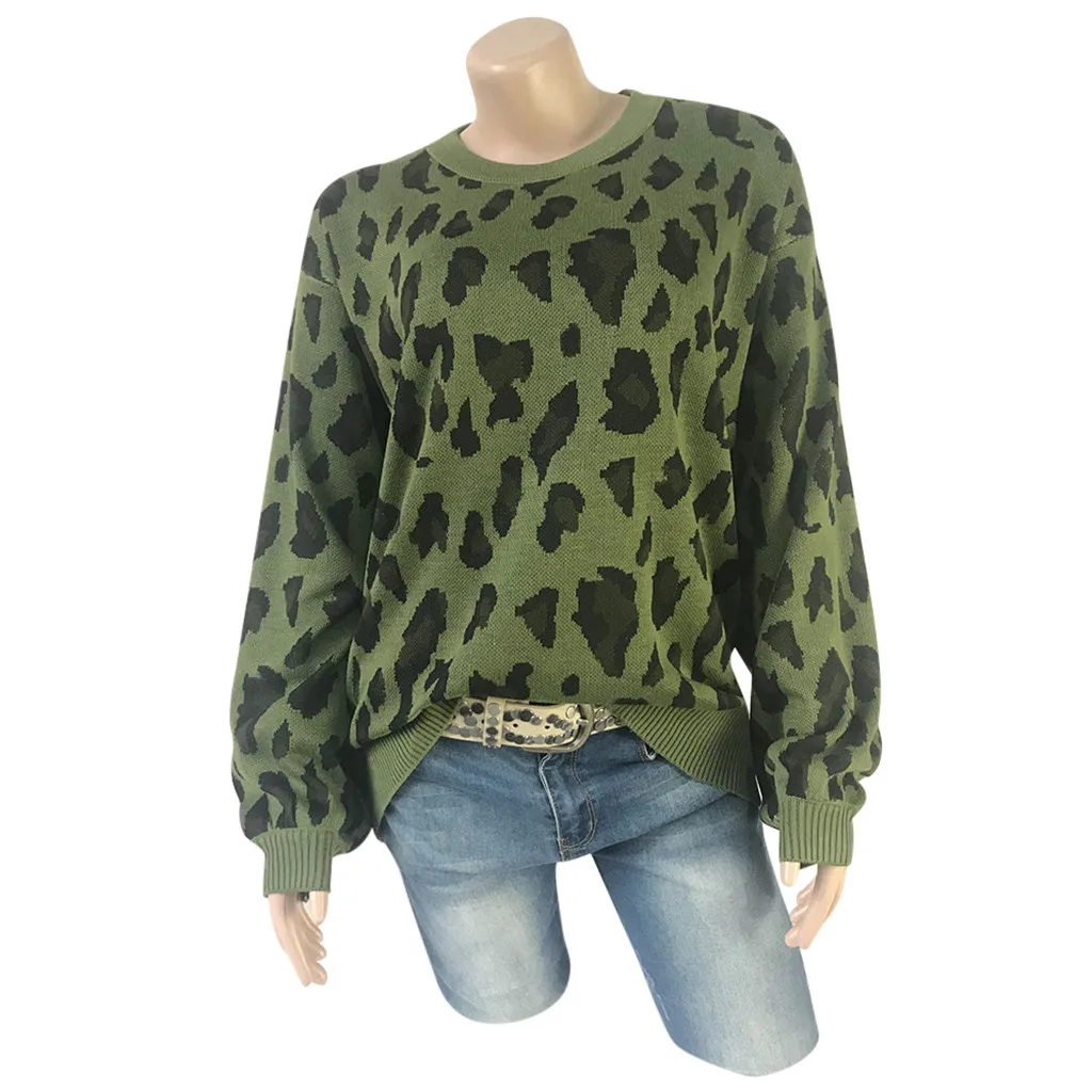 Леопардовый принт свитер Топы для женщин с длинным рукавом животный принт элегантный офисный женский Туника вязаный свитер S~ XL# B