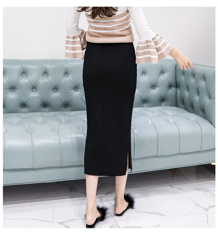Afei Tony Spring Autumn Fashion Maternity High Waist Belly Skirts Knitted Stretch Skirts Bottom for Pregnant Women
