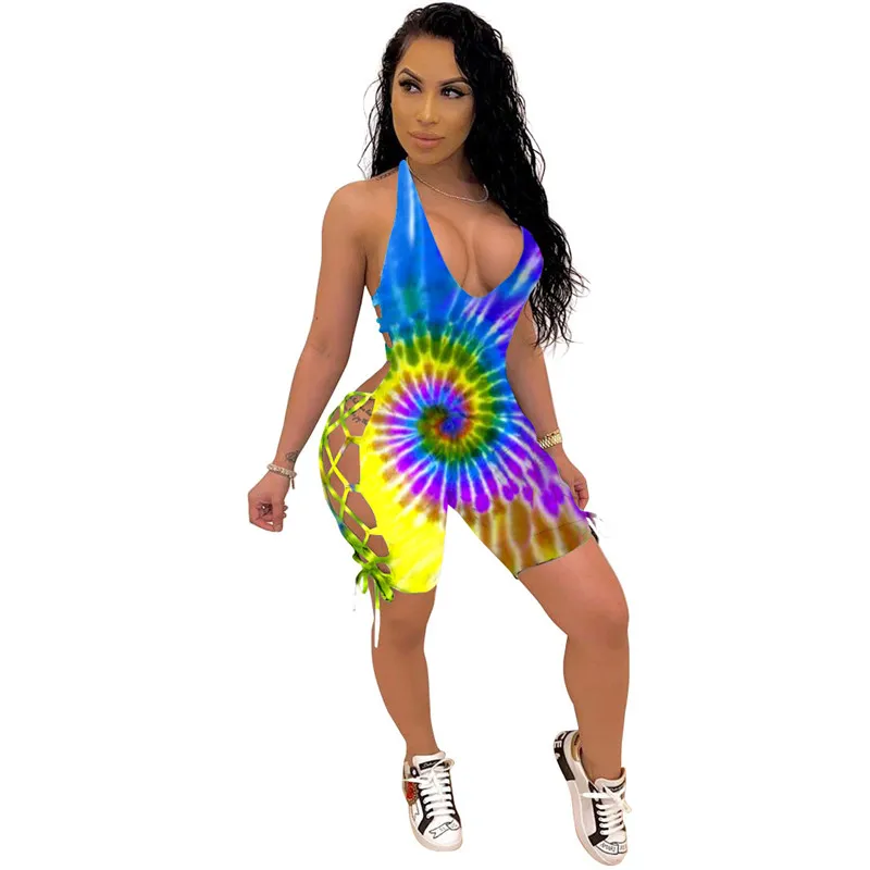 Adogirl Tie Dye Print Women Jumpsuit Lace Up Backless Bandage Playsuit 2020 Summer Women Sexy Deep V Neck Sleeveless Tank Romper Adogirl Tie Dye Print Women Jumpsuit Lace Up Backless Bandage Playsuit 2020 Summer Women Sexy Deep V Neck Sleeveless Tank Romper