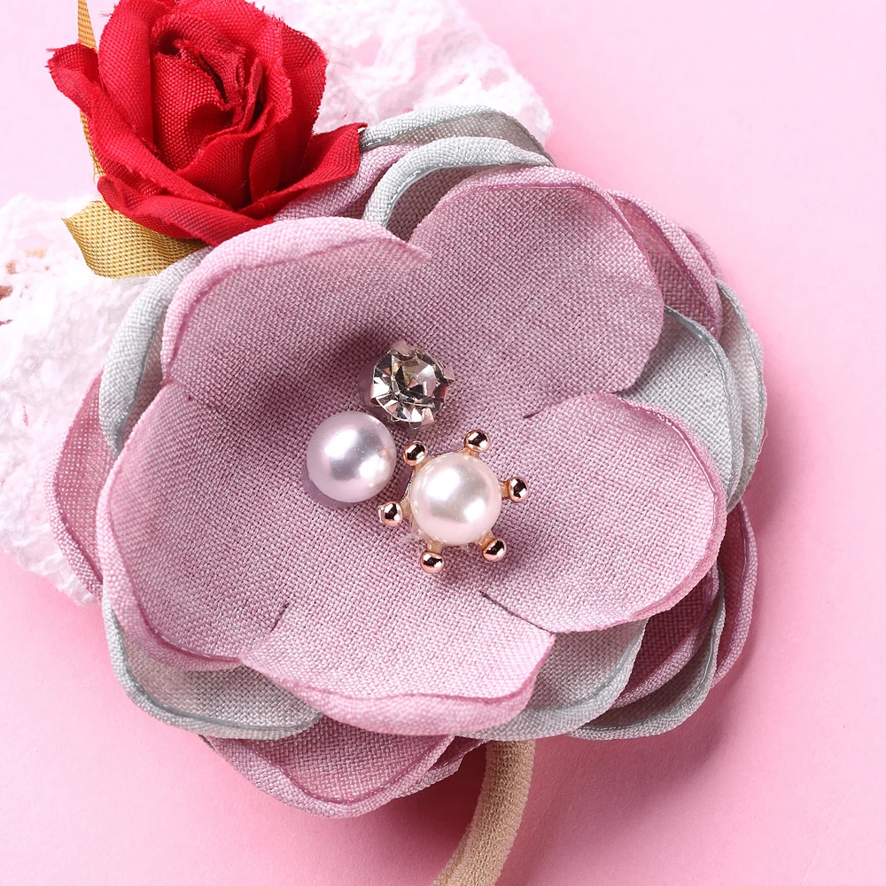 4 шт., Детские держатели головных уборов с цветами, кружевные шифоновые с кристаллами и жемчугом, эластичные нейлоновые ленты для волос, аксессуары для волос принцессы