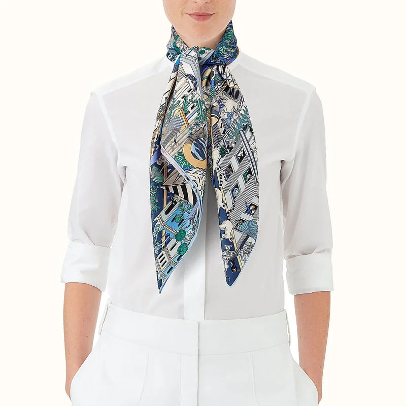 

100% Pure Twill Silk Scarf Women Animal City 90*90cm Square Large Shawls Wraps Headband Hairband
