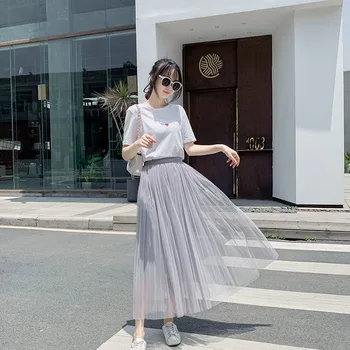 

Sexy Mesh Pleated Skirt Casual A-Line Empire Midi Skirt Plus Size Skirt Faldas Mujer Moda 2020 Streetwear Summer Lolita Skirt