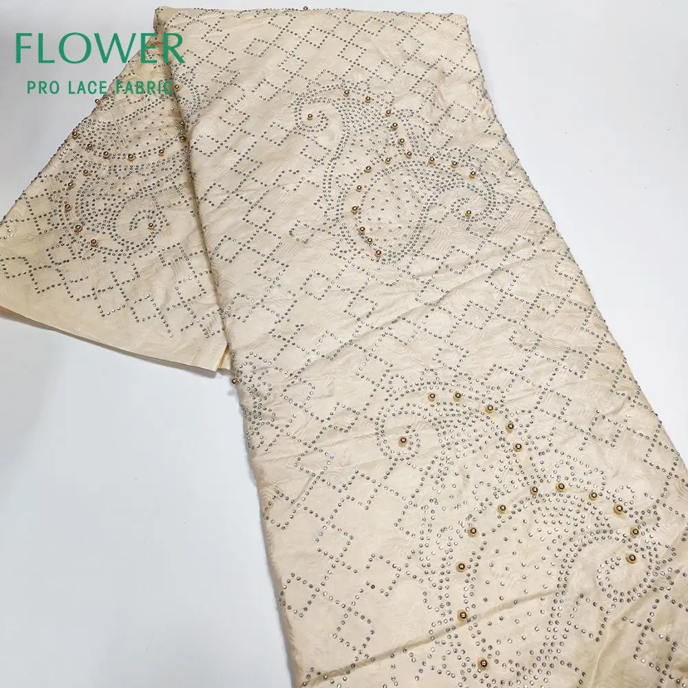 Beige Bazin Riche Lace Fabrics With Stones And Beads Soft 100% Cotton Nigerian Guinea Beaded Wedding Dress Sewing Basin Material | Дом и сад
