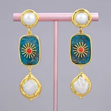

Freshwater White Pearl Coin Natural Blue Apatite Rising Sun Glod Plated Pearl Stud Earrings