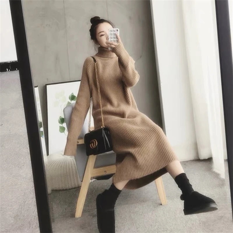 女性マキシドレスニットタートルネックドレスドレス厚手のセーターパーティードレス ドレス Aliexpress