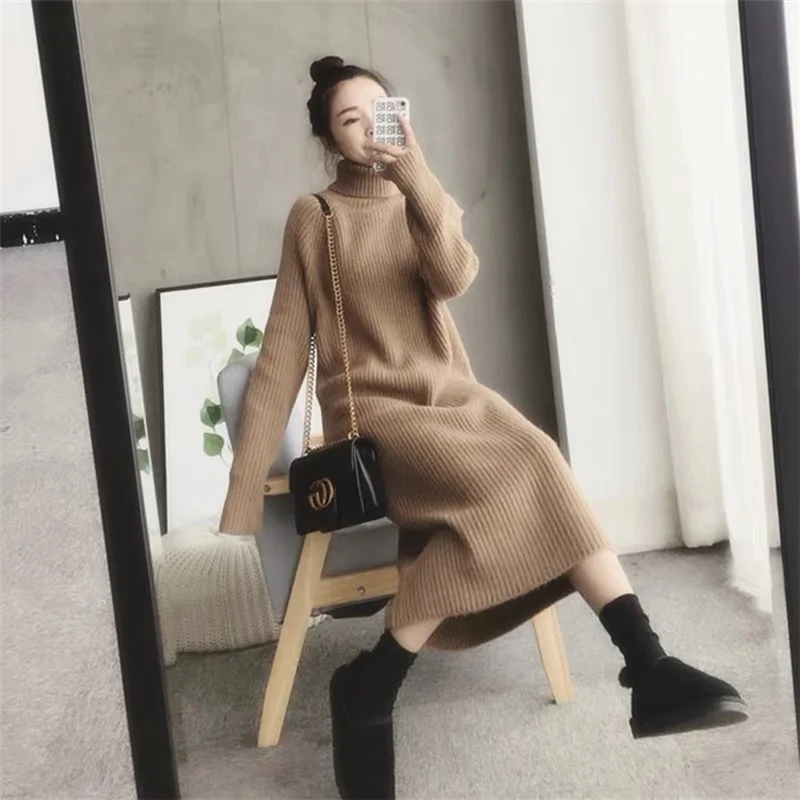 Women Maxi Dress Knitted Turtleneck Dress Loose Long Dresses Thick Sweater Party Dresses Women Maxi Dress Knitted Turtleneck Dress Loose Long Dresses Thick Sweater Party Dresses