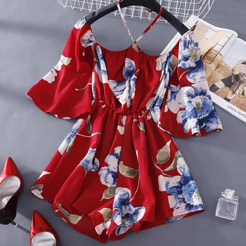 

2020 Summer New Korean-Style Loose Halter Printed Jumpsuit Women's High Waist Wide Leg Women Jumpsuit Shorts Female Clothes