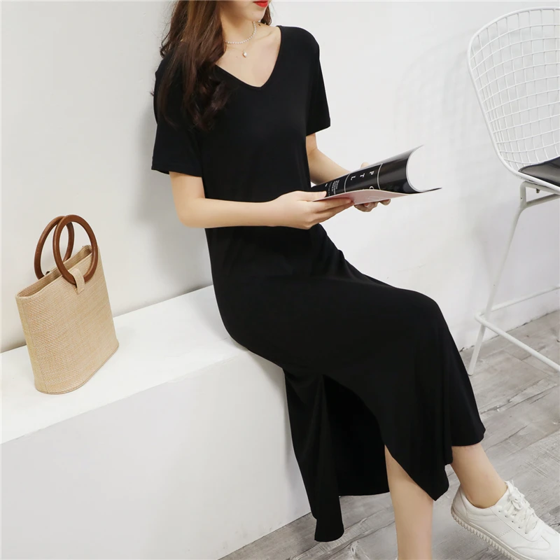 

2022 Summer Dresses for Women Maxi A-line 5 Colors Mid-calf V-neck Modal Long Streetwear Casual Beach Black Female Clothing