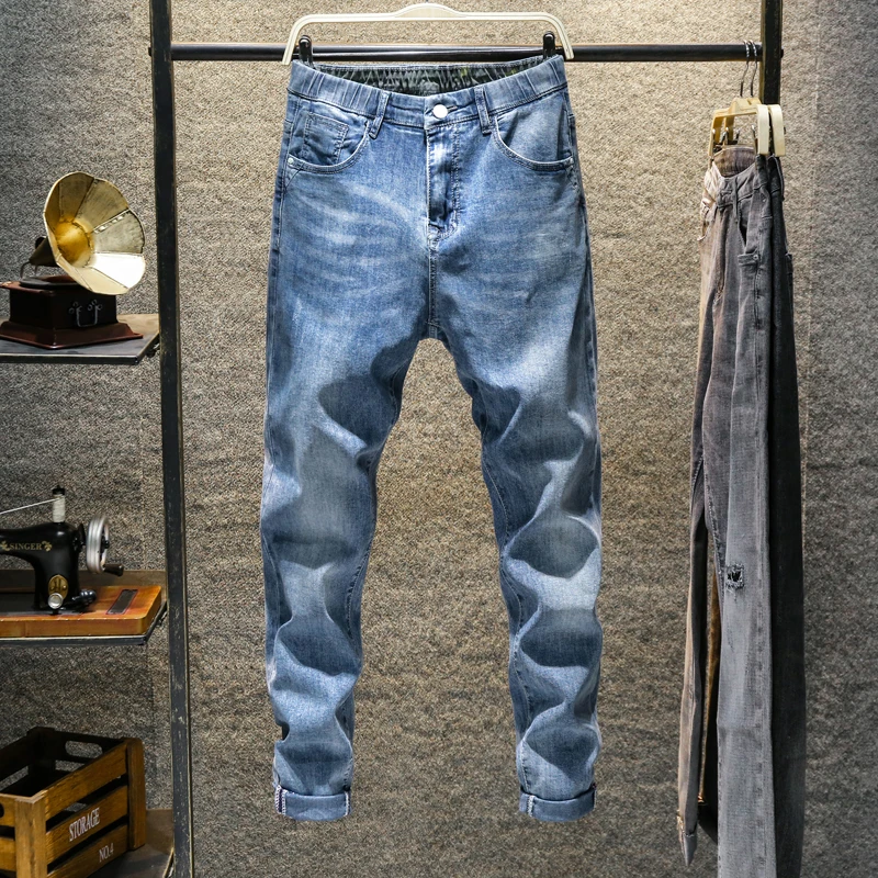 

New Men's Casual Jeans Cotton-containing Micro-elastic Tapered Clothes Denim Pant Streetwear Prewashed Male Denim Pants blue