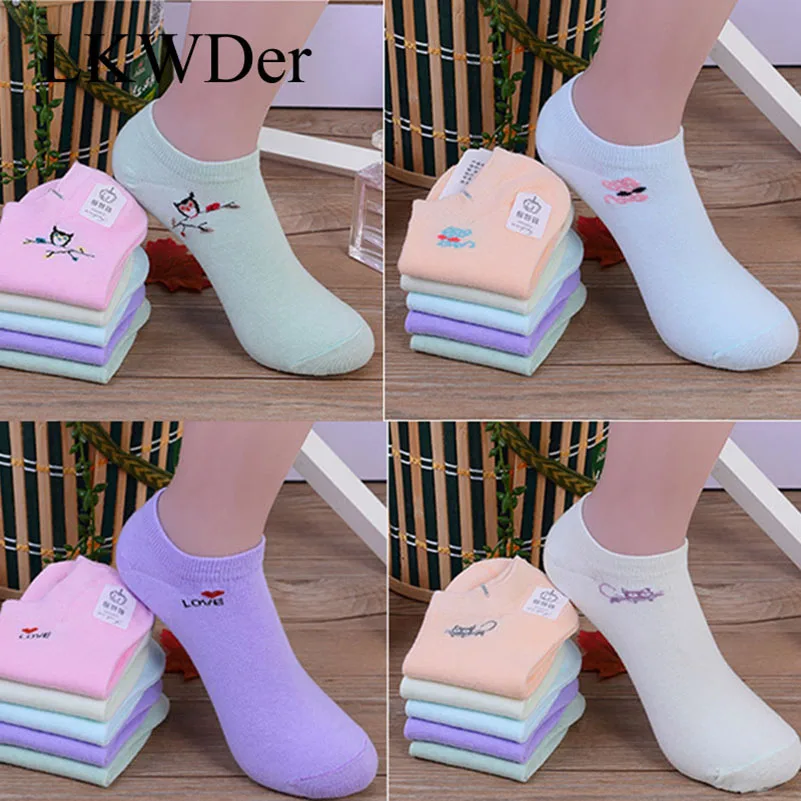 LKWDer/5 пар, женские носки ярких цветов, носки-башмачки с вышивкой, милые одноцветные носки из хлопка с мультяшными буквами для студентов, Meias