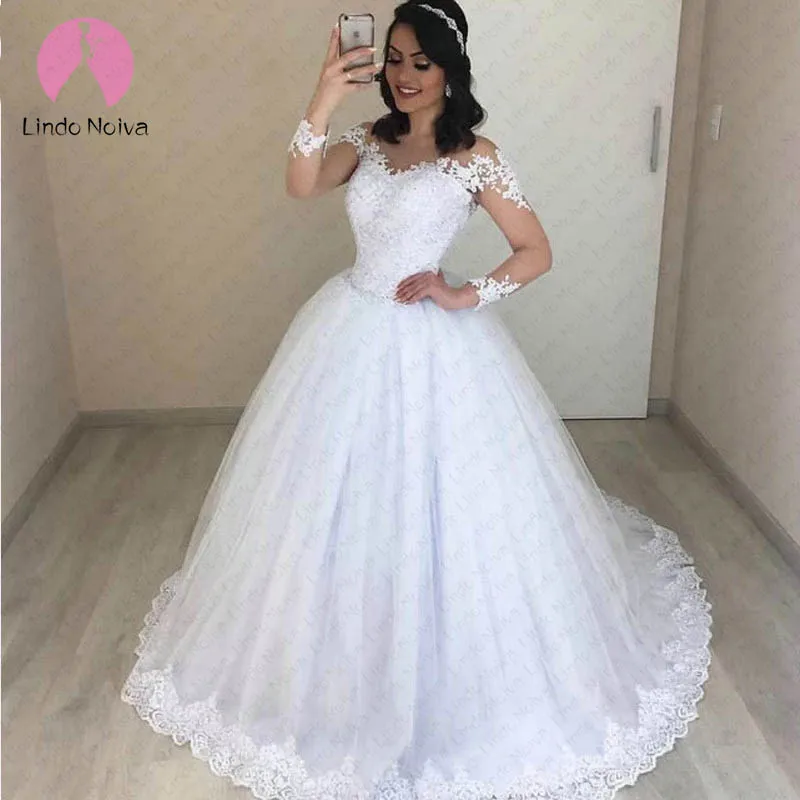 Дешевые платья Vestido De Noiva на заказ с длинным рукавом и круглым вырезом кружева принцесса бальное платье свадебное платье кружевные свадебные платья большого размера