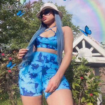 

Waatfaak Blue Tie Dye Summer Two Pieces Set Women Sexy Halter Crop Top Sleeveless High Waist Biker Shorts Set Backless Tank Top