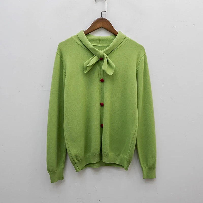 

Sweet Button bowknot Neck Long Sleeve Solid Color Warm Women Tops Female Knitted Sweater