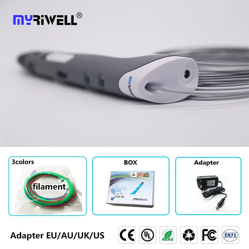 Myriwell 3d Ручка RP100A/RP100B и abs Филамент pla пластик 3d Ручка 3 d ручка умный ребенок подарок на день рождения игрушки 3D Ручка - Цвет: only V1 gray pen