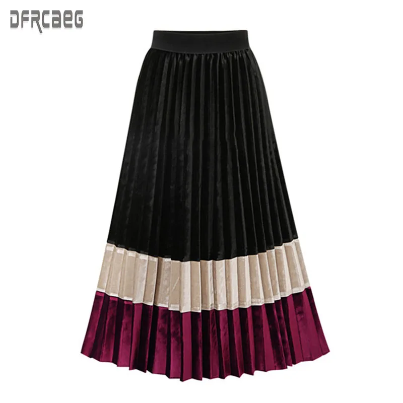 

2019 New Autumn Elegant Euro Style Women's Pleated Mid Skirt Casual Patchwork Color Ladies Skirt Elastic Waist Mid Skirt Femme