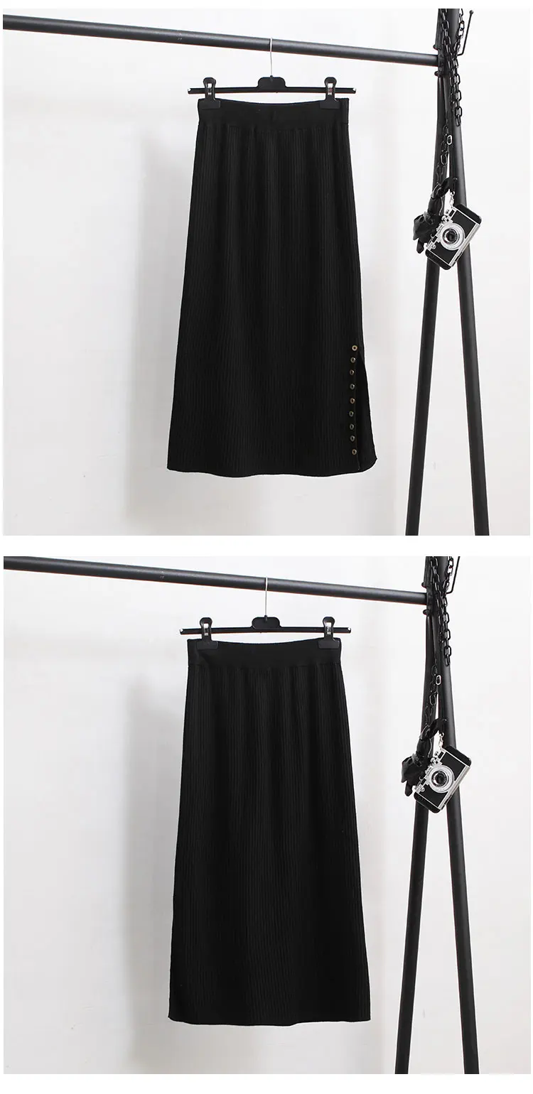 Осенне-зимняя теплая однотонная миди трикотажная юбка Женская эластичная высокая талия элегантная тонкая прямая повседневная юбка на пуговицах с разрезом