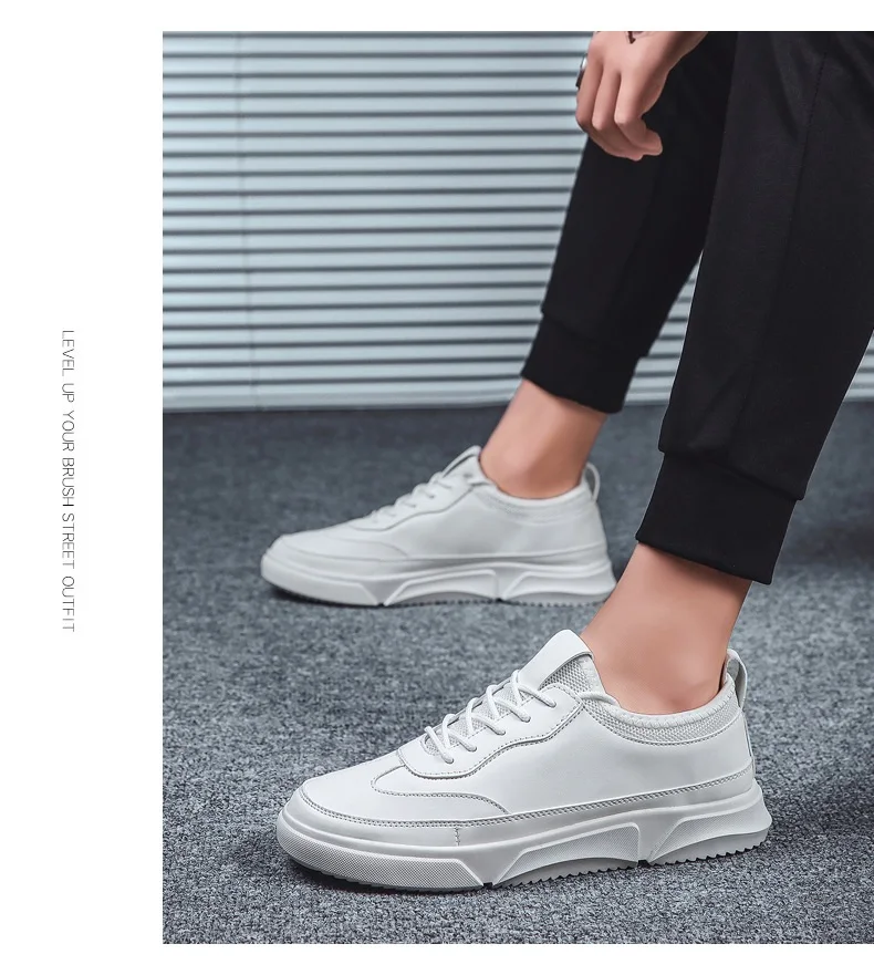 High Quality Men's Spring Autumn PU Leather Lace-Up Flat Casual Shoes White Black Fashion Light Breathable Male Sneakers