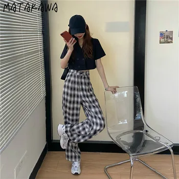 

MATAKAWA New Summer Double Breasted Suit Coat Crop Top Women + Slim Wide Leg Plaid Pants 2 Piece Set Women Ropa De Mujer 2020
