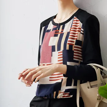 

New Stripe printed silk top round neck long sleeve 2020 summer T shirt mulberry silk t shirt female