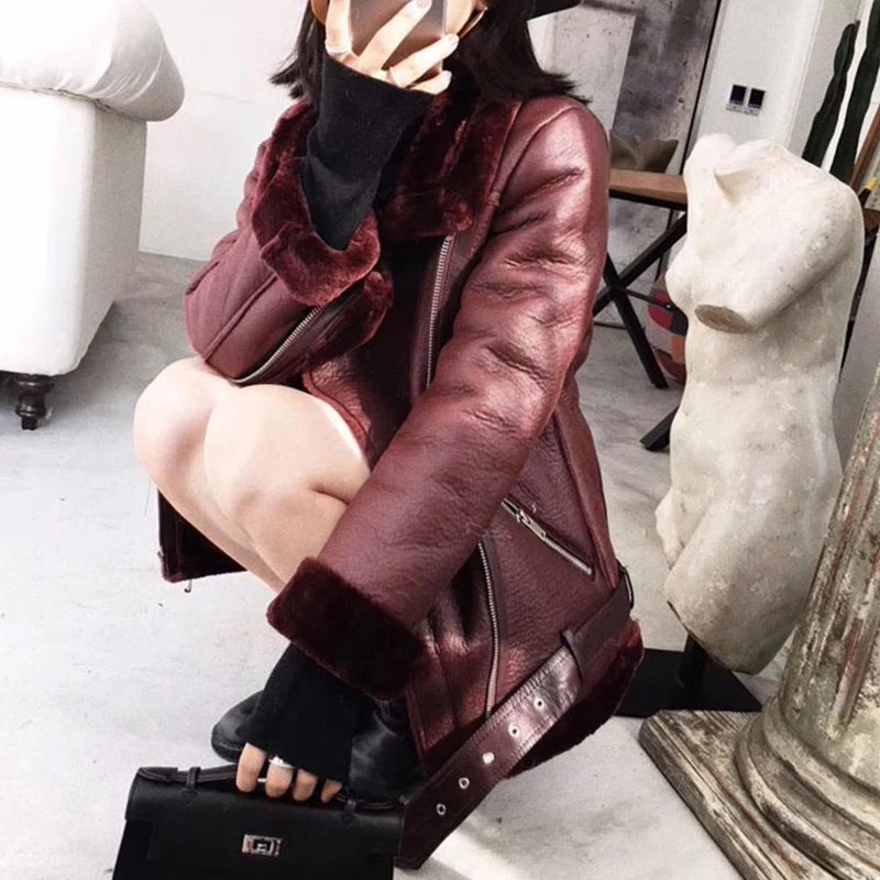 Koop Ailegogo 2019 Winter Jassen Vrouwen Dikke Faux Leer Bont Schapenvacht Jas Bont Leren Jas Aviator Jacket Casaco Feminino