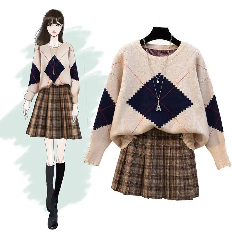  ICHOIX plaid mini skirt 2 piece set women winter clothing knitted sweater two piece outfits casual 