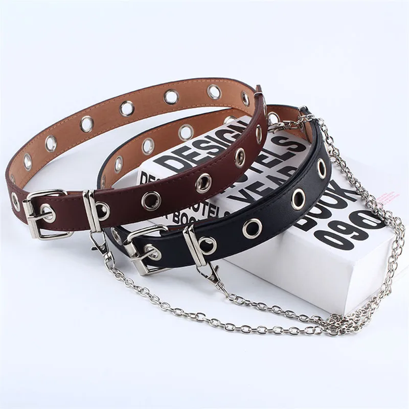 Fashion Women Fashion Rock Punk Chain Fashion Belt Adjustable Black Double/Single Eyelet Grommet Leather Buckle Belt