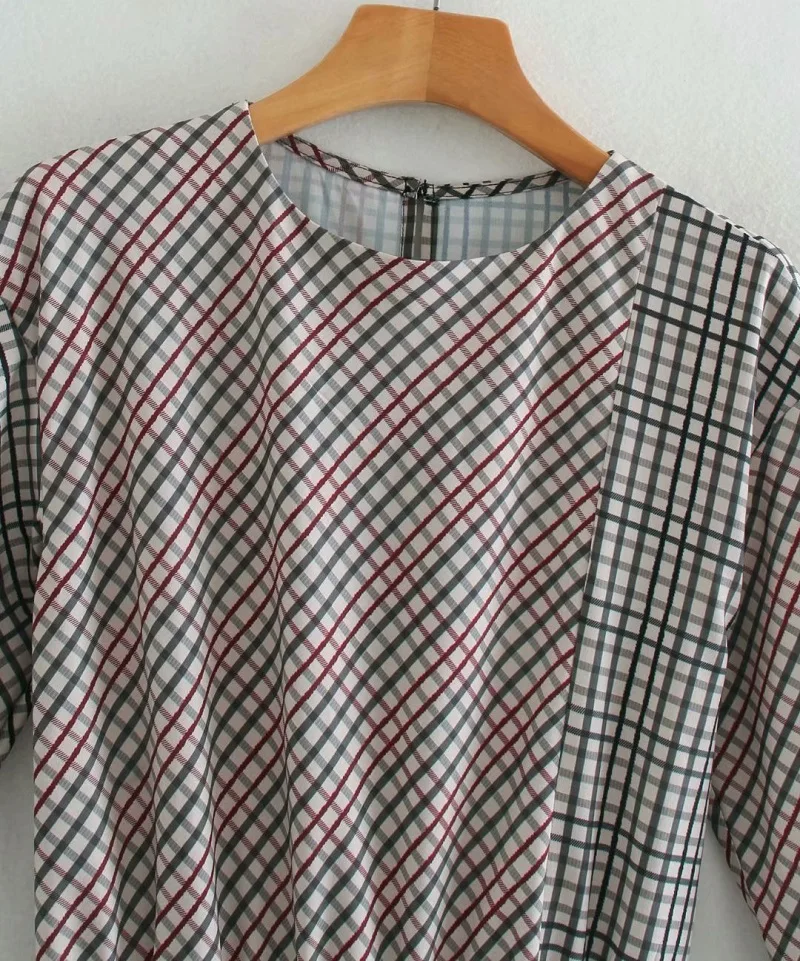 Za Summer Plaid Midi Dress Women O-neck Draped Dresses Long Sleeve Gathered Waist Lady Fashion Office Dress Back Buttons and Zip