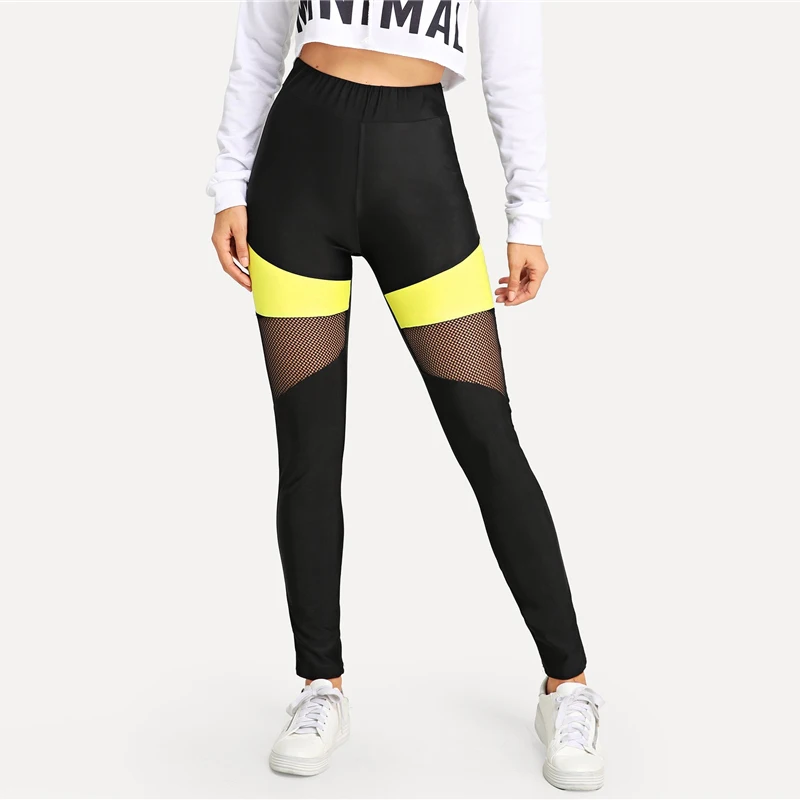 SweatyRocks цветные леггинсы с сетчатыми вставками, леггинсы для активного отдыха, женские обтягивающие леггинсы для фитнеса, Осенние повседневные легинсы для легкой атлетики