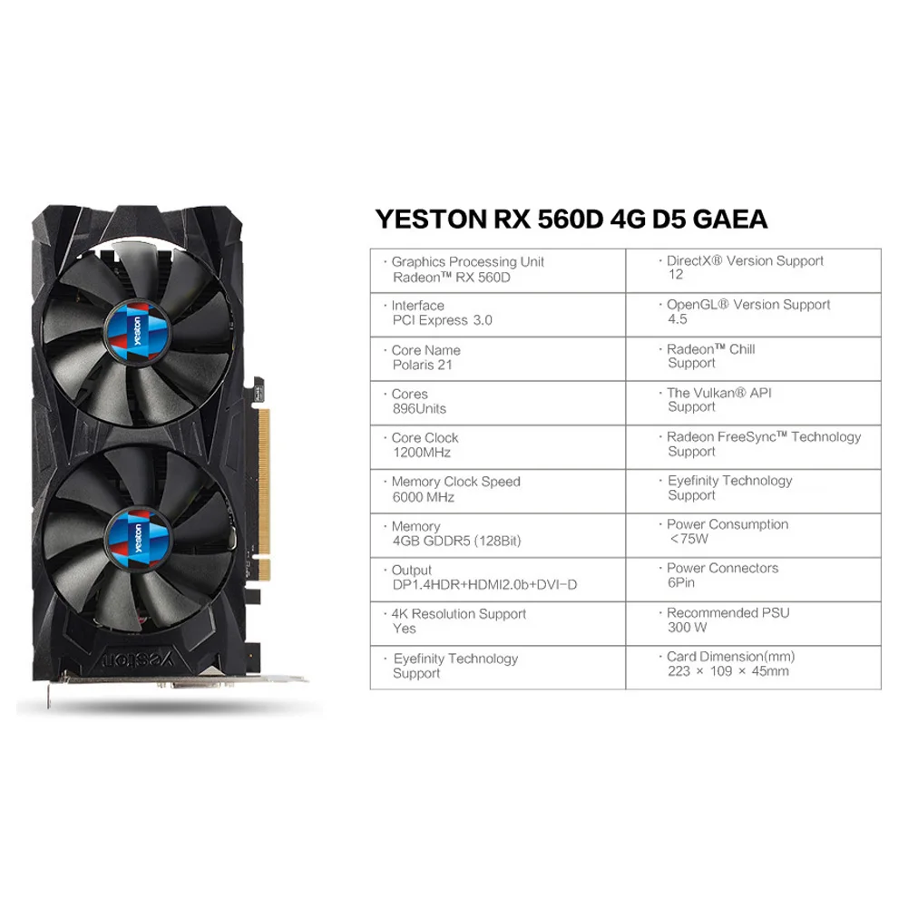 Yeston Rx560D 4 ГБ Gddr5 Pci Express 3,0 Directx12 видеокарта игровая внешняя видеокарта 128bit для настольного компьютера