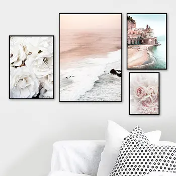 

Landscape Poster Pink Beach Canvas Painting White Flower Wall Art Print Nordic Picture For Living Room On The Wall Home Decor