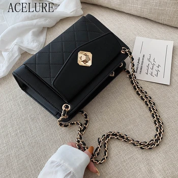 

ACELURE Metal Chain Crossbody Bags for Women Solid Color PU Leather Small Shoulder Messenger Bag Female Handbags and Purses