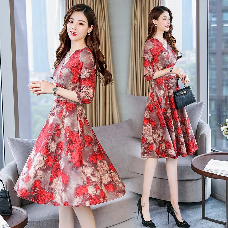 

Korean-style Slim Fit Waist Hugging Slimming V-neck Three-quarter-length Sleeve Dress Autumn Clothing 2018 New Style Women's Vin