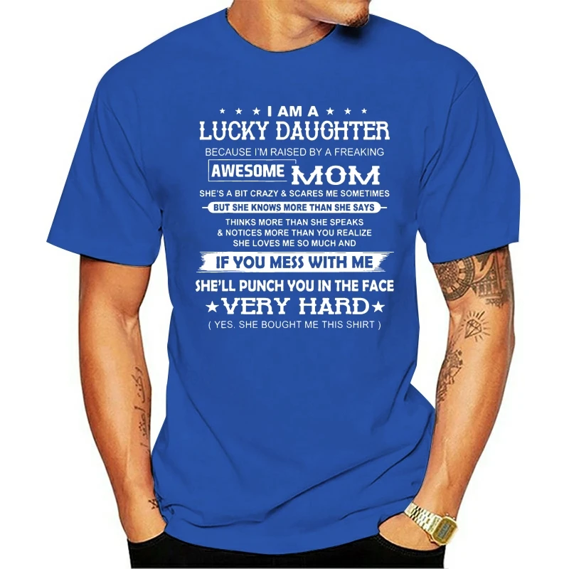 Черная футболка с надписью I Am A Lucky Daughter I'M reveed By долбаная Классная Мама круглым