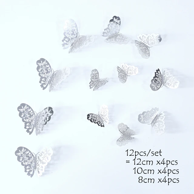 12Pcs 4D Hollow Butterfly Wall Sticker DIY Home Decoration Wall Stickers wedding Party Wedding Decors Butterfly Kids Room Decors silver 5