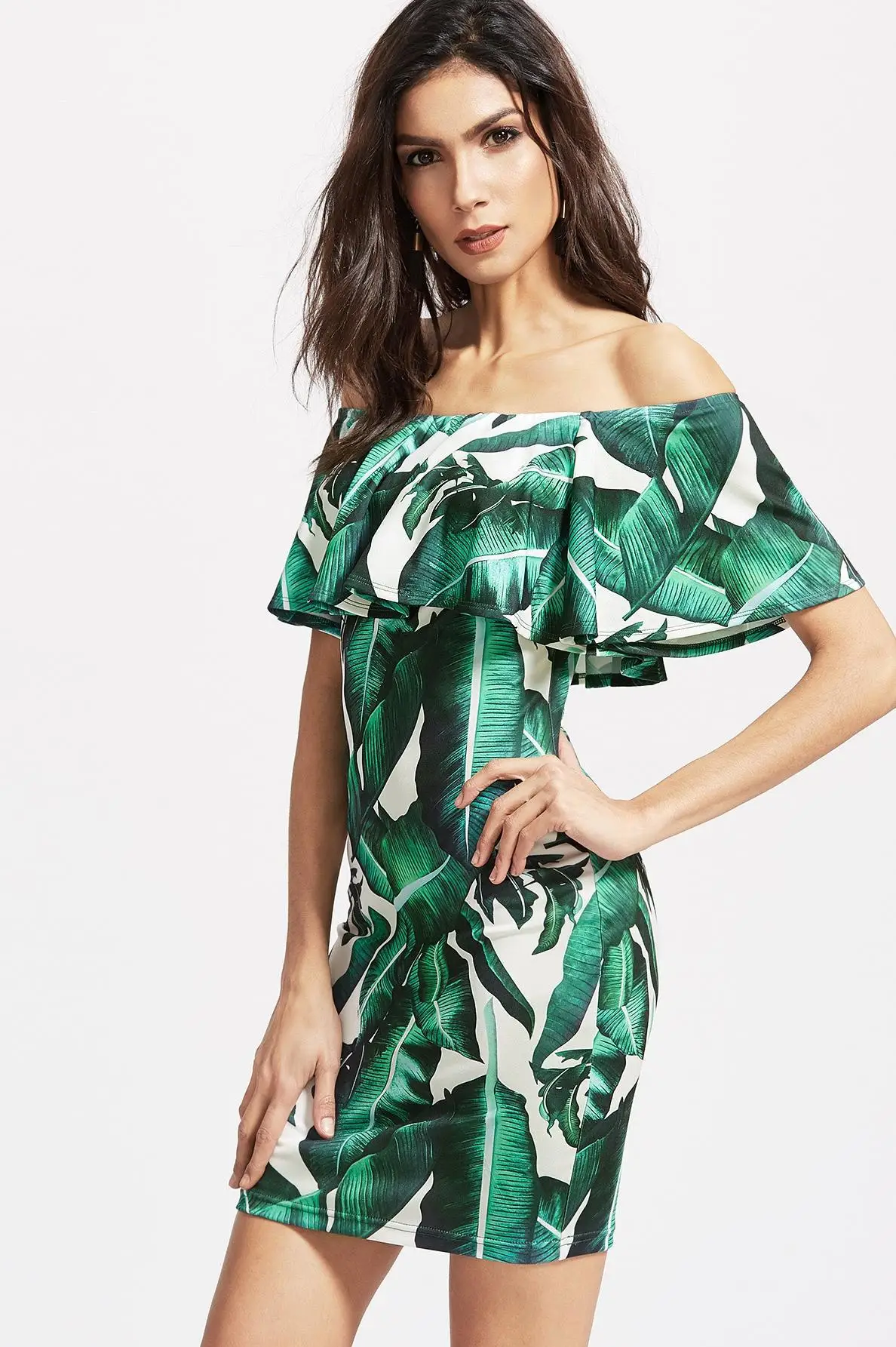 

2018 European And American-Style New Style Wrap-around Flounced Banana Leaf Printed Slim Fit Bale Arm Dress