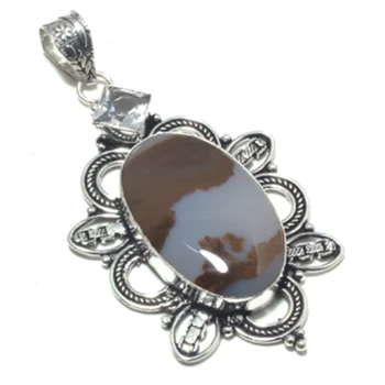 

Genuine Agate + White Topaz Pendant Silver Overlay over Copper , Hand made Women Jewelry Gift