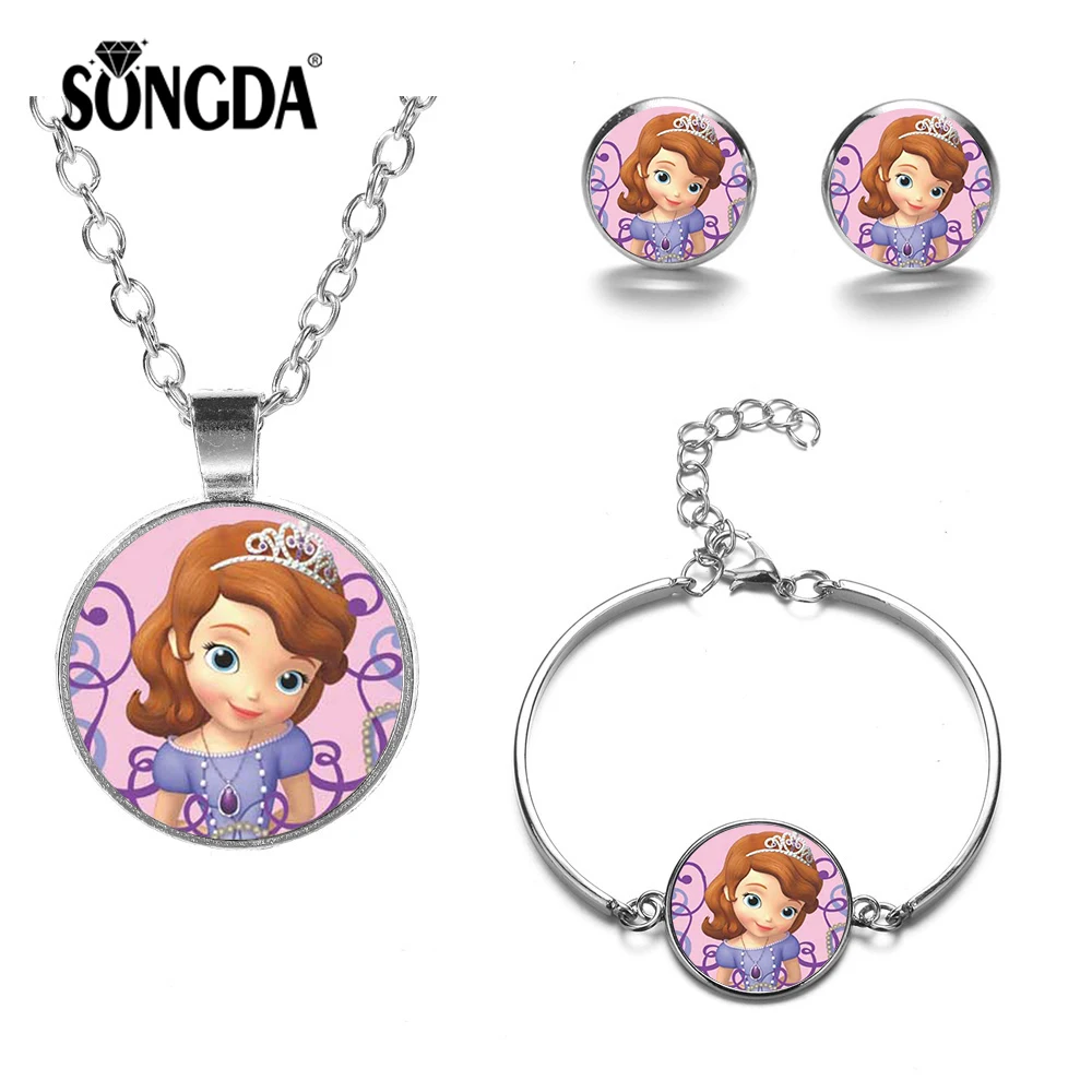 

SONGDA 2019 Cute Princess Sofia Cartoon Style Jewelry Set Silver Chain Pendant Necklace Bangle Earrings Set Gift for Child Girls