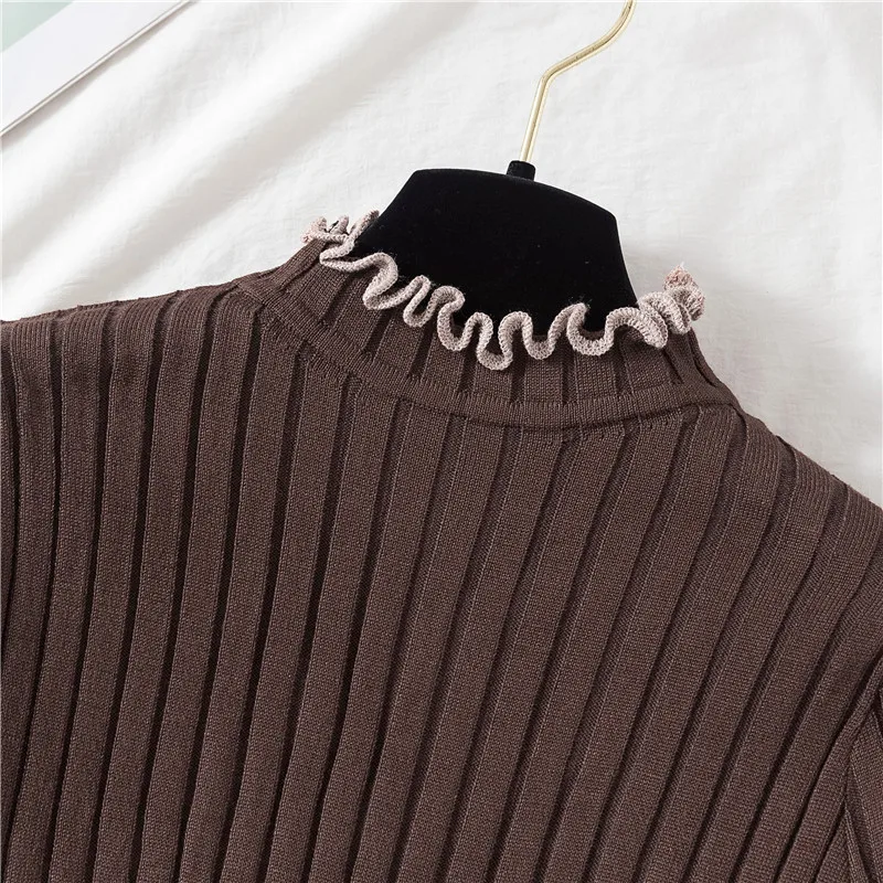 Бархатный теплый хлопковый свитер с оборками и воротником, новинка года, осенне-зимний тонкий вязаный базовый свитер с длинными рукавами, пуловер, джемпер