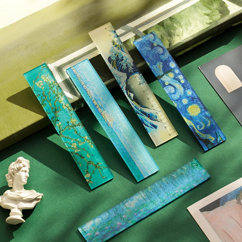 Regla recta para galería de arte, regla de medición de plástico acrílico de 15cm, pintura de Van Goah, amanecer estrellado nocturno, flor, oficina, escuela, F318