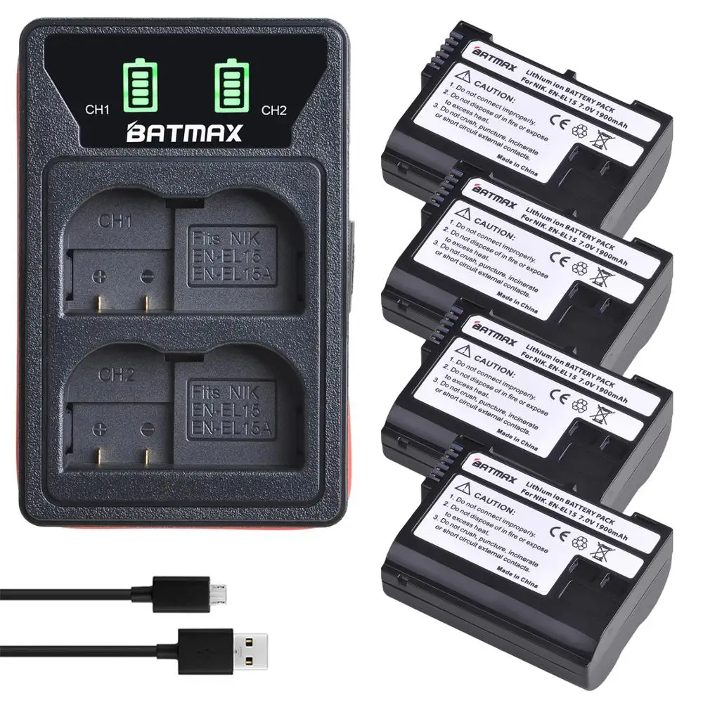 4X EN EL15 EN-EL15A EN-EL15 batterie + chargeur USB LED, pour Nikon D500 D600 D610 D750 D7000 D7100 D7200 D800 D800E D810