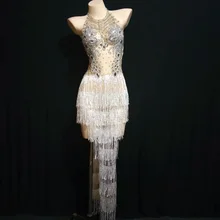 Блестящие Серебряные Кристаллы сетка бахрома платье для женщин сексуальный ночной клуб представление наряд певица танцор костюм для праздника Платья для вечеринок